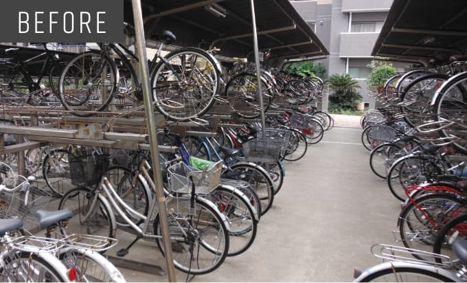 マンション駐輪場の2段式自転車ラックが老朽化